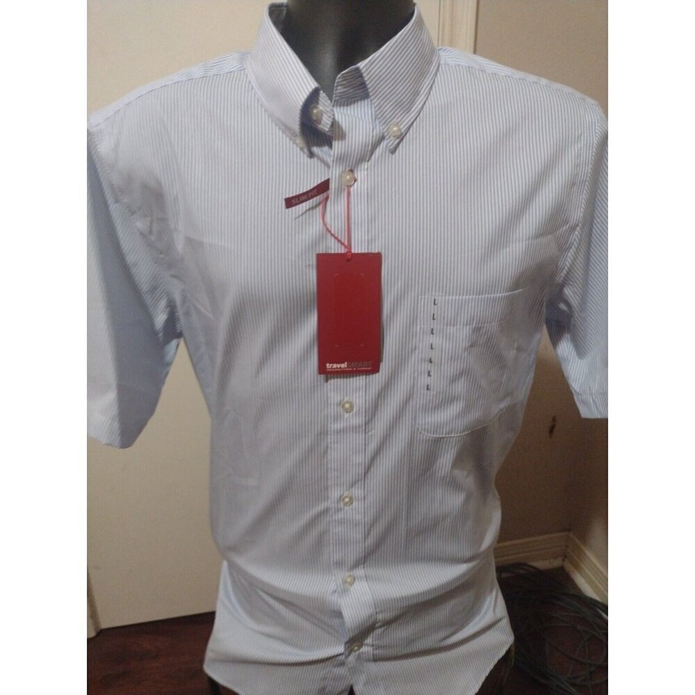 New Travel Smart Mens Large L Roundtree & Yorke Slim Fit S/S Button Shirt Blue